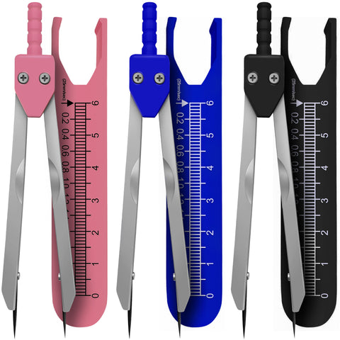 Set of three color-coded medical ECG EKG calipers in pink, blue, and black with protective ruler gauge covers.