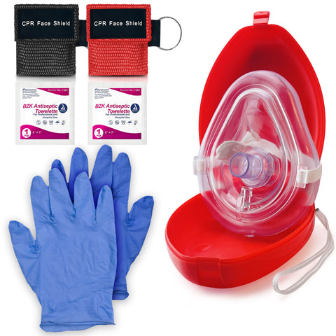 Complete CPR Resuscitation Kit featuring a hard case pocket mask, two keychain face shields, nitrile gloves, and antiseptic wipes.