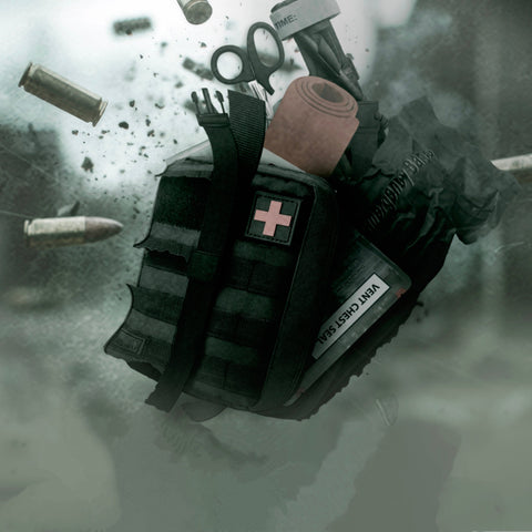 Black tactical IFAK pouch with medical supplies, including a vented chest seal, bandage, and trauma shears, bursting out amidst flying bullets and smoke in a dramatic combat scene.