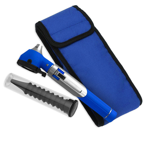 Blue fiber optic pocket otoscope with matching carrying case and disposable specula tips tube.