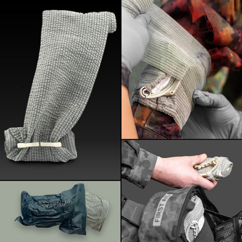 Israeli Emergency Compression Bandage application, sterile vacuum packaging, and tactical IFAK pouch storage.