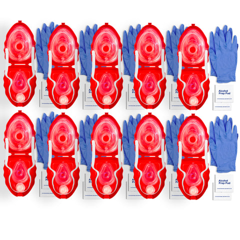 A studio product shot of a 10-pack set of CPR emergency kits. The red, heart-shaped cases are arranged in two rows and are open to reveal the mask inside, with blue gloves and white antiseptic wipes placed next to each case.