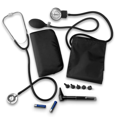 Nurse Essentials Starter Kit with Handheld Travel Case | 3 Part Kit Includes Adult Aneroid Sphygmomanometer Blood Pressure Monitor, Stethoscope, Mini Diagnostic Otoscope Black Nurse Kits