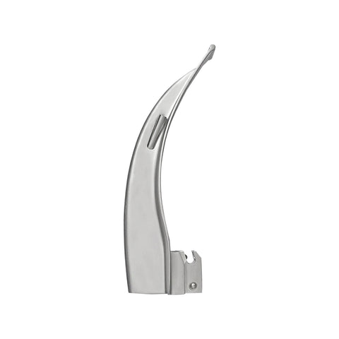 An upright, vertical view of a curved laryngoscope blade, showing the shape of the flange and the tip pointing upwards.