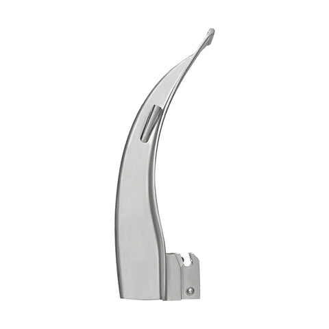 An upright, vertical view of a curved laryngoscope blade, showing the profile of the flange and the tip pointing upwards.