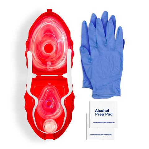A flat lay composition of a single CPR rescue kit. The red case is open to show the transparent mask stored inside, arranged neatly next to a pair of blue gloves and two white alcohol prep pad packets.