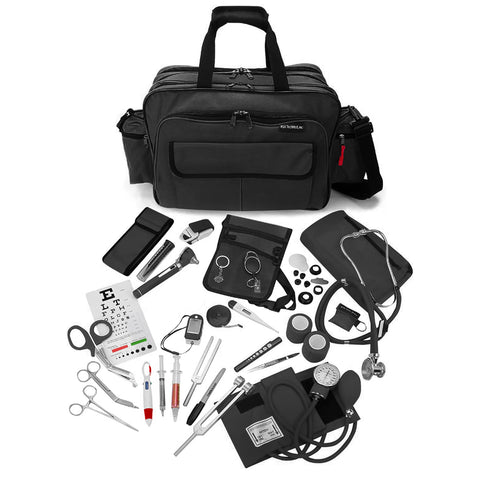 A large, black medical equipment bag with its contents displayed in front of it on a white background. The comprehensive kit includes matching blue and silver instruments such as a stethoscope, blood pressure cuff (sphygmomanometer), otoscope, reflex hammer, pulse oximeter, penlight, tuning forks, bandage scissors, hemostats, a digital thermometer, a CPR face shield, a pocket eye chart, and a waist organizer pouch.
