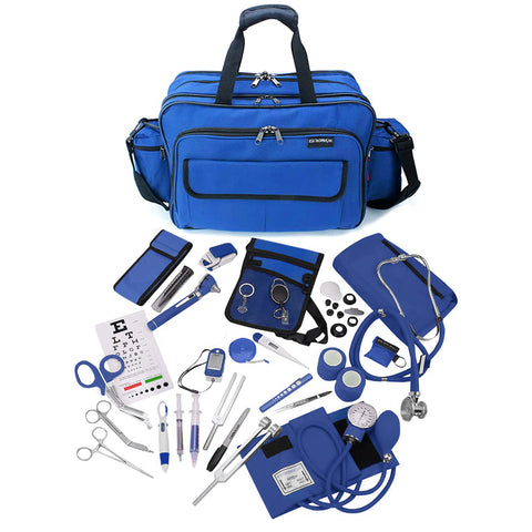 A large, royal blue medical equipment bag with its contents displayed in front of it on a white background. The comprehensive kit includes matching blue and silver instruments such as a stethoscope, blood pressure cuff (sphygmomanometer), otoscope, reflex hammer, pulse oximeter, penlight, tuning forks, bandage scissors, hemostats, a digital thermometer, a CPR face shield, a pocket eye chart, and a waist organizer pouch.
