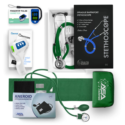 Collection of medical equipment including a stethoscope, digital thermometer, Oximeter and aneroid sphygmomanometer on a white background.