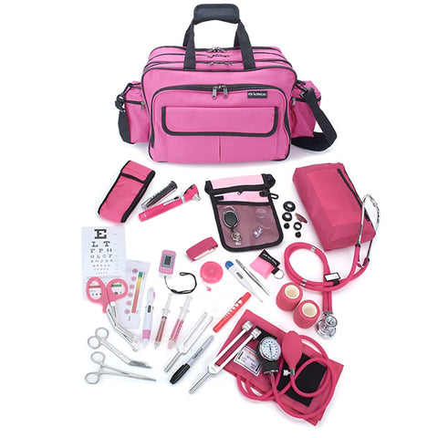 A large, pink medical equipment bag with its contents displayed in front of it on a white background. The comprehensive kit includes matching blue and silver instruments such as a stethoscope, blood pressure cuff (sphygmomanometer), otoscope, reflex hammer, pulse oximeter, penlight, tuning forks, bandage scissors, hemostats, a digital thermometer, a CPR face shield, a pocket eye chart, and a waist organizer pouch.