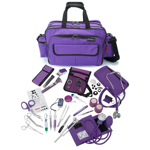 A large, purple medical equipment bag with its contents displayed in front of it on a white background. The comprehensive kit includes matching blue and silver instruments such as a stethoscope, blood pressure cuff (sphygmomanometer), otoscope, reflex hammer, pulse oximeter, penlight, tuning forks, bandage scissors, hemostats, a digital thermometer, a CPR face shield, a pocket eye chart, and a waist organizer pouch.