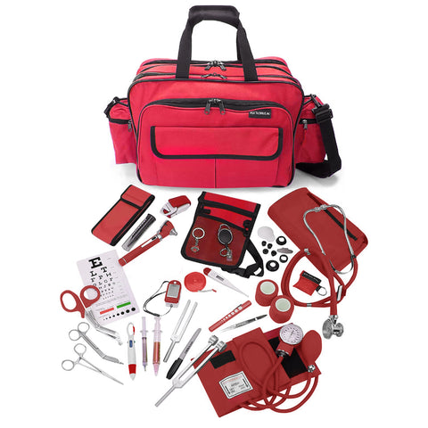 A large, red medical equipment bag with its contents displayed in front of it on a white background. The comprehensive kit includes matching blue and silver instruments such as a stethoscope, blood pressure cuff (sphygmomanometer), otoscope, reflex hammer, pulse oximeter, penlight, tuning forks, bandage scissors, hemostats, a digital thermometer, a CPR face shield, a pocket eye chart, and a waist organizer pouch.
