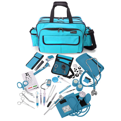 A large, teal medical equipment bag with its contents displayed in front of it on a white background. The comprehensive kit includes matching blue and silver instruments such as a stethoscope, blood pressure cuff (sphygmomanometer), otoscope, reflex hammer, pulse oximeter, penlight, tuning forks, bandage scissors, hemostats, a digital thermometer, a CPR face shield, a pocket eye chart, and a waist organizer pouch.