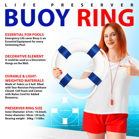 20 Inch Life Preserver Ring with Rope – Lightweight White & Blue Life Buoy – Coast Guard Approved for Lifeguards, Fishermen, Boaters, & Sailors - ASA TECHMED