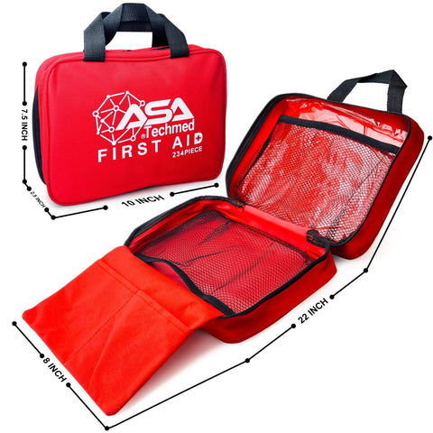 A red ASA Techmed First Aid Kit bag, showing both its closed front and its open layout, with dimensions marked: 10 inches wide by 7.5 inches high by 2.5 inches deep when closed, and 22 inches wide when fully opened. The kit contains 234 pieces.