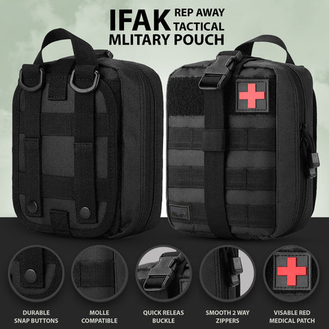 Black tactical military pouch with red medical cross patch on a green background