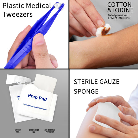 First aid kit accessories close-up showing blue plastic medical tweezers, cotton and iodine application, alcohol prep pads, and sterile gauze sponge for wound care.