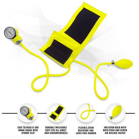 Yellow manual blood pressure cuff (sphygmomanometer) with gauge, tubing, and inflation bulb.