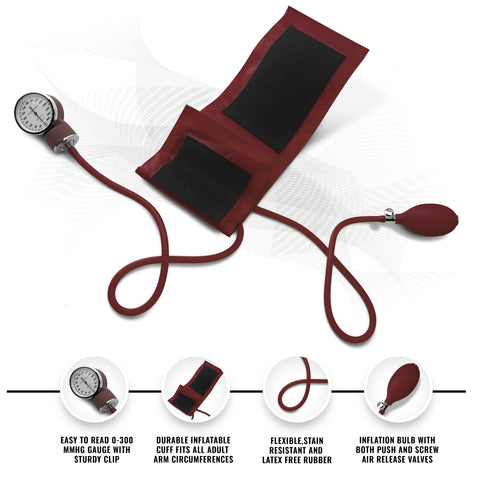 Maroon manual blood pressure cuff (sphygmomanometer) with gauge, tubing, and inflation bulb.