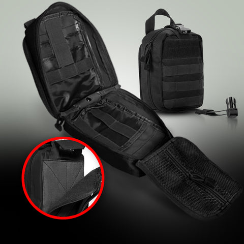Black tactical bag with multiple compartments on a gray background