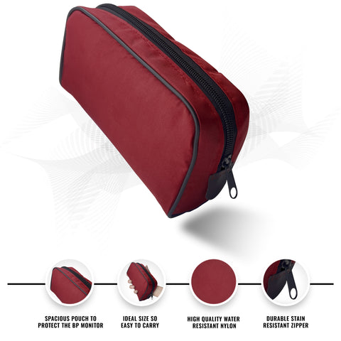 Maroon zippered storage pouch for a blood pressure (BP) monitor.