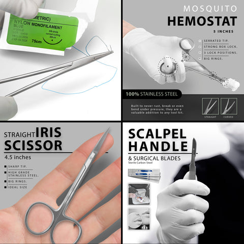 Four-panel graphic of stainless steel first aid instruments showing mosquito hemostat, straight iris scissors, scalpel handle with blades, and sterile nylon sutures.