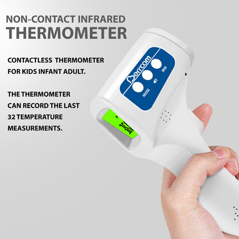 Non-contact infrared thermometer held by a hand with product details on a gray background