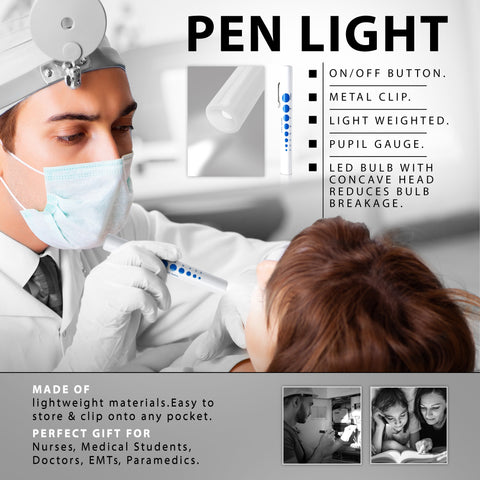 White medical LED penlight infographic showing pupil gauge, metal clip, and concave bulb head features. Doctor using diagnostic light for eye exam.