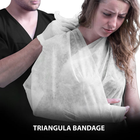 Medical professional applying a white triangular bandage sling to a patient's injured arm and shoulder for immobilization and support.