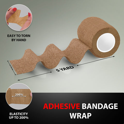 Adhesive bandage wrap with roll and close-up of application on skin, labeled 'Easy to torn by hand' and 'Elasticity up to 200%'.
