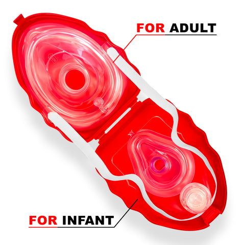 A top-down diagram of the open red CPR mask case illustrating its dual functionality. The top section containing the main mask is labeled "FOR ADULT," while the bottom section containing the valve opening is labeled "FOR INFANT."