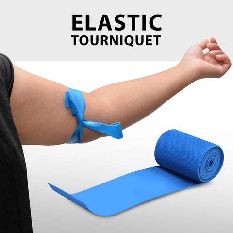 Blue medical elastic tourniquet tied around upper arm for phlebotomy or bleeding control, shown alongside rolled latex-free rubber strap.