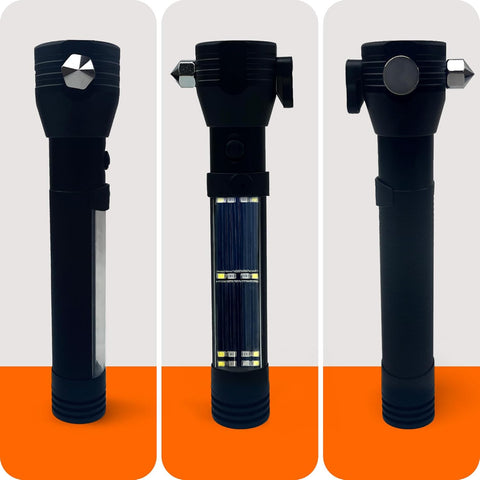 9 - in - 1 Solar Powered Flashlight – Survival Multi - Tool with LED, Window Breaker, Seatbelt Cutter, Power Bank & Emergency Light - ASA TECHMED