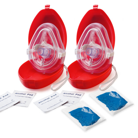 CPR Rescue Mask, Adult/Child Pocket Resuscitator in Hard Case with Wrist Strap, Gloves, and Wipes Red 2-Pack CPR Masks