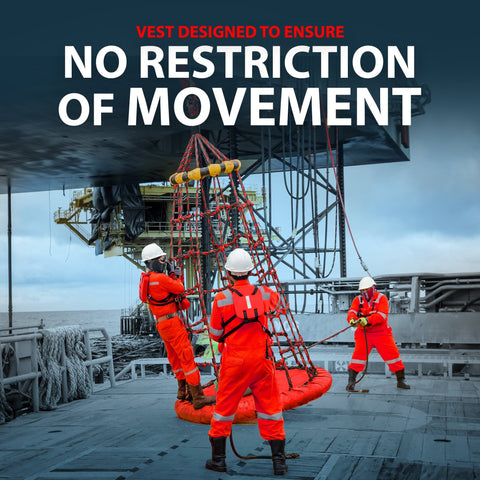 An image on the deck of an offshore rig showing three workers in orange suits and hard hats handling a red personal transfer net that is being lifted by a crane. Large white text reads: "VEST DESIGNED TO ENSURE NO RESTRICTION OF MOVEMENT."