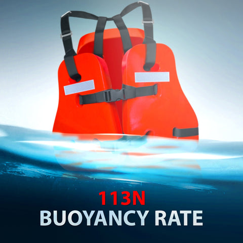 A close-up shot of an orange life jacket partially submerged in blue water, demonstrating its buoyancy. A red number reads: "113N" with the text "BUOYANCY RATE" below it.