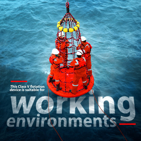 An image showing several offshore workers in orange survival suits and white hard hats standing inside a red rescue/transfer net basket (personal transfer net) being lowered by a crane over choppy blue sea water. Red text reads: "This Class V flotation device is suitable for working environments."