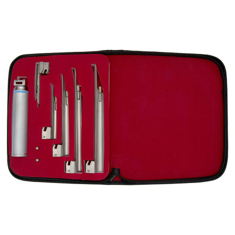 An open medical instrument case with a red interior lining, neatly displaying a silver laryngoscope handle, five straight Miller blades of different lengths, and two spare light bulbs secured in designated slots.