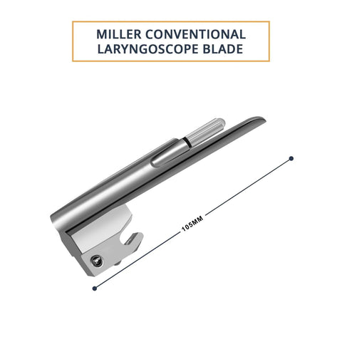 "A stainless steel Miller conventional laryngoscope blade with a straight design. Text indicates the length is 105mm."