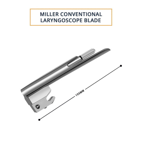 "A stainless steel Miller conventional laryngoscope blade with a straight design. Text indicates the length is 155mm."