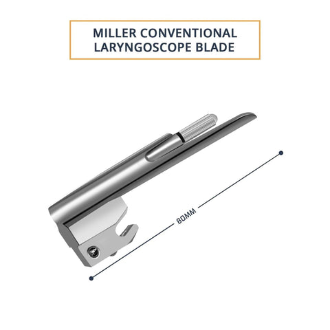 "A stainless steel Miller conventional laryngoscope blade with a straight design. Text indicates the length is 80mm."