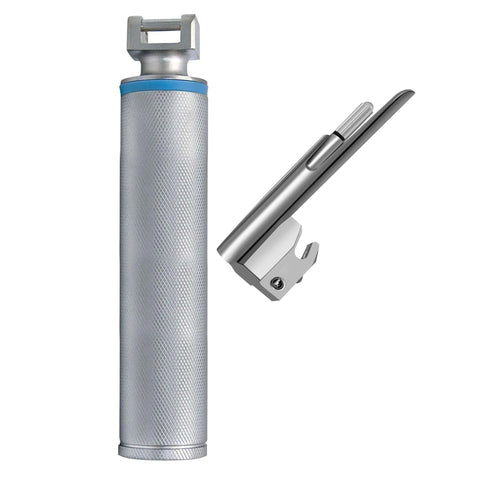"A product set showing a textured silver laryngoscope handle standing upright next to a detached Miller blade floating to the right."