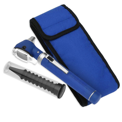 A flat lay arrangement of the complete otoscope set. The blue diagnostic penlight tool lies diagonally across a matching blue nylon carrying case, positioned next to a clear tube of reusable tips.