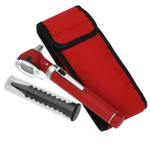 A flat lay arrangement of the complete otoscope set. The red diagnostic penlight tool lies diagonally across a matching red nylon carrying case, positioned next to a clear tube of reusable tips.