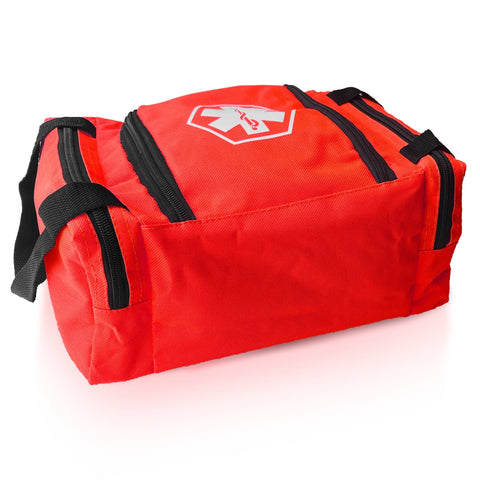 A red medical first responder bag shown from a side angle, featuring a main zippered compartment with a white Star of Life logo on the top flap, two zippered side pockets, and sturdy black carrying handles.