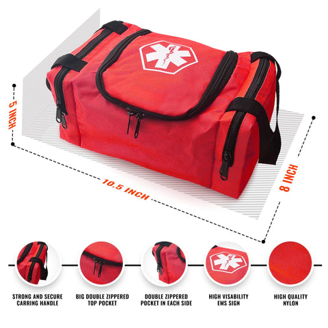 An annotated diagram of a red EMS trauma bag displaying dimensions of 10.5 inches in length, 8 inches in height, and 5 inches in width, with text callouts highlighting features like the strong carrying handle, double zippered pockets, and high-quality nylon material.