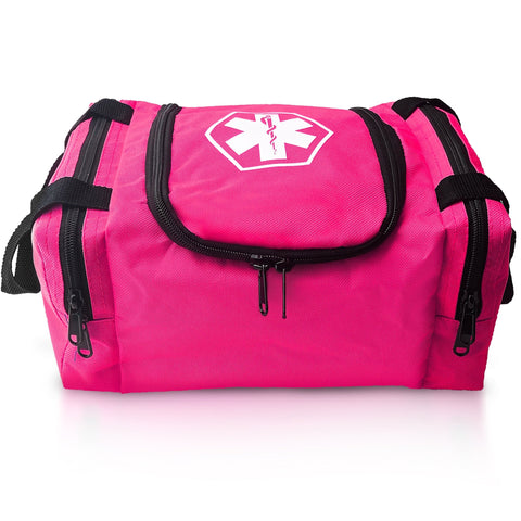 A front view of a pink EMT trauma bag, showing the central main compartment with a dual-zipper opening, two side storage pockets, and a white Star of Life emblem clearly visible on the top lid.