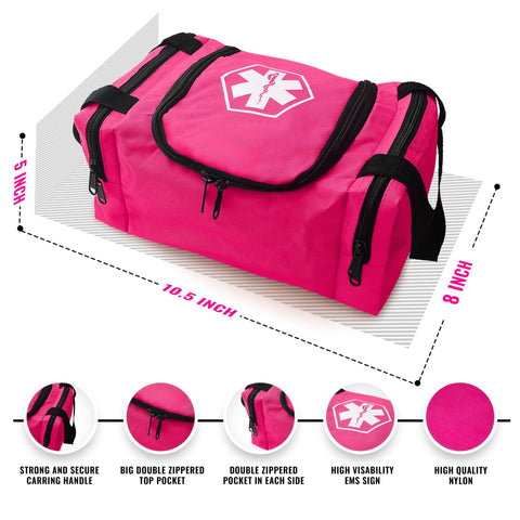 An annotated diagram of a pink EMS trauma bag displaying dimensions of 10.5 inches in length, 8 inches in height, and 5 inches in width, with text callouts highlighting features like the strong carrying handle, double zippered pockets, and high-quality nylon material.
