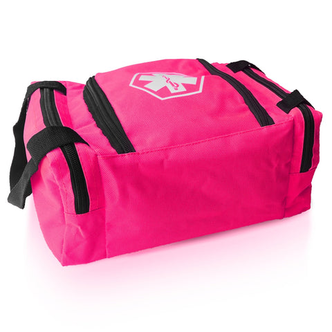 A pink medical first responder bag shown from a side angle, featuring a main zippered compartment with a white Star of Life logo on the top flap, two zippered side pockets, and sturdy black carrying handles.