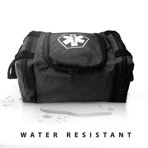 A black medical bag depicted with water droplets covering its surface to demonstrate the water-resistant properties of the material, accompanied by the text "WATER RESISTANT" at the bottom.